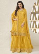 Viscose Chinnon Yellow Reception Wear Sequins Work Plazzo Suit